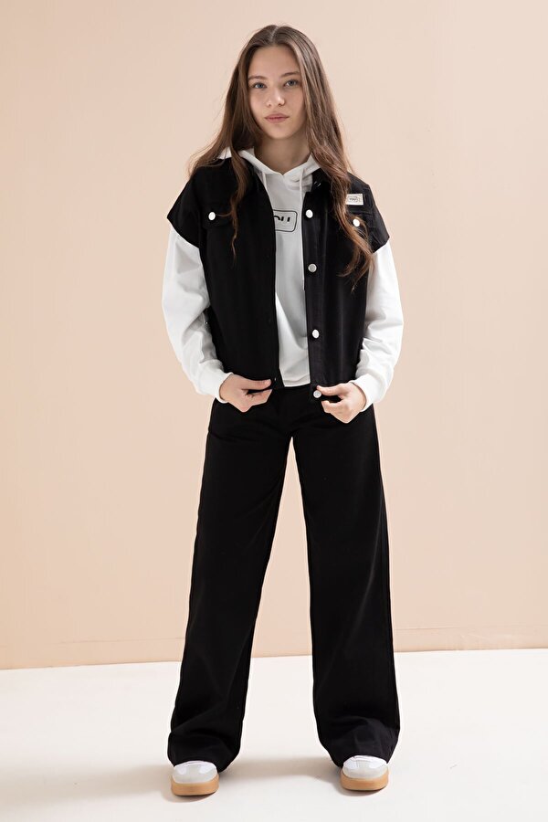 Cansın Mini Siyah Düğmeli Sıfır Kol Yelekli Geniş Paça Pantolonlu Kız Çocuk Kapüşonlu 3lü Takım 23602