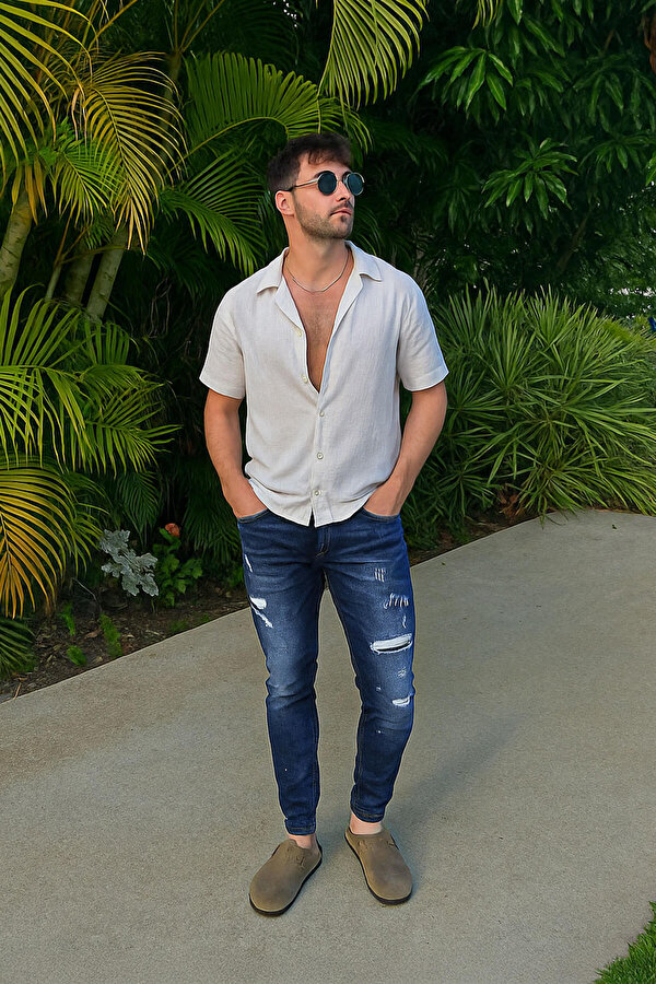 Blue White Erkek Skinny Fit Boya Detaylı Jean Koyu Mavi