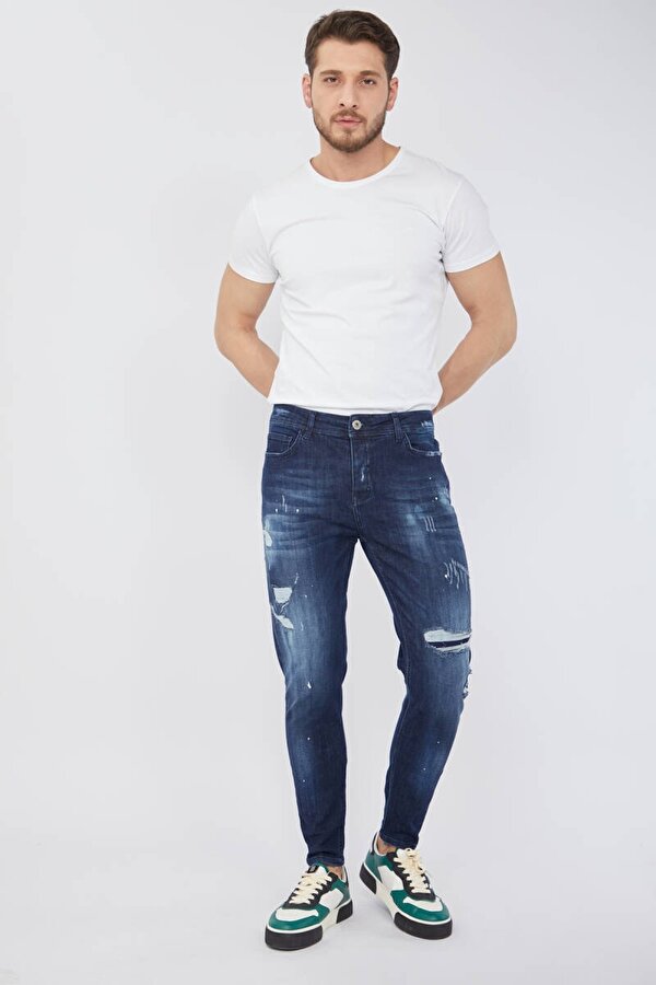 Blue White Erkek Skinny Fit Boya Detaylı Jean Koyu Mavi
