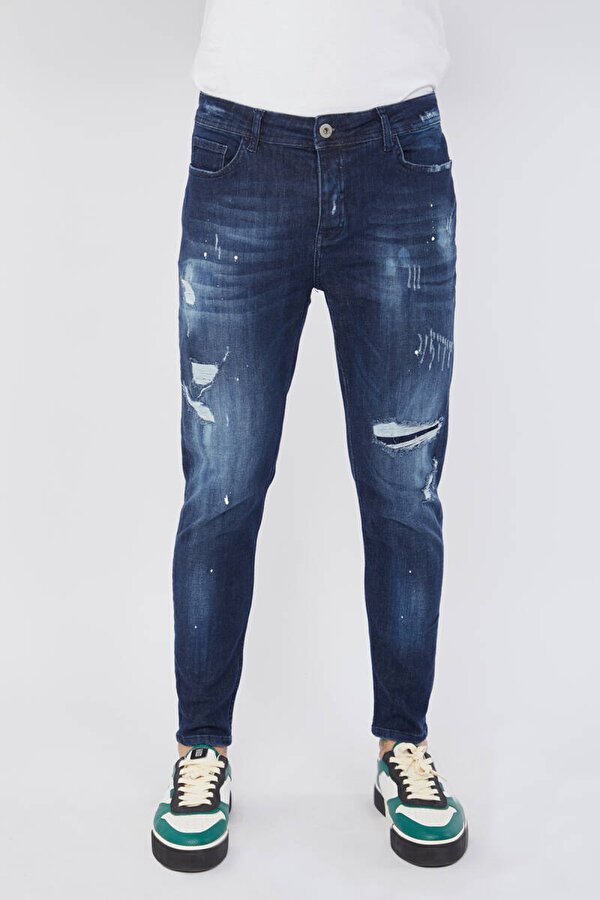 Blue White Erkek Skinny Fit Boya Detaylı Jean Koyu Mavi