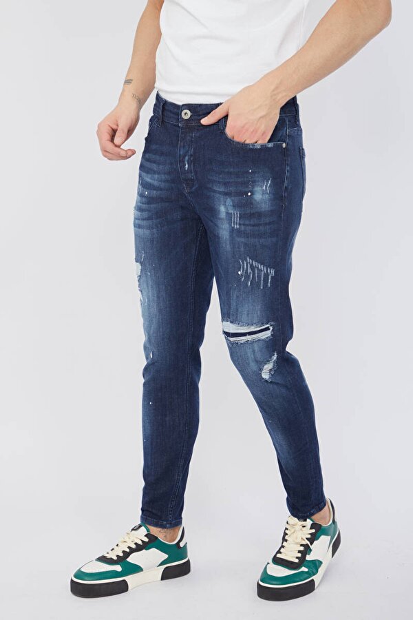 Blue White Erkek Skinny Fit Boya Detaylı Jean Koyu Mavi