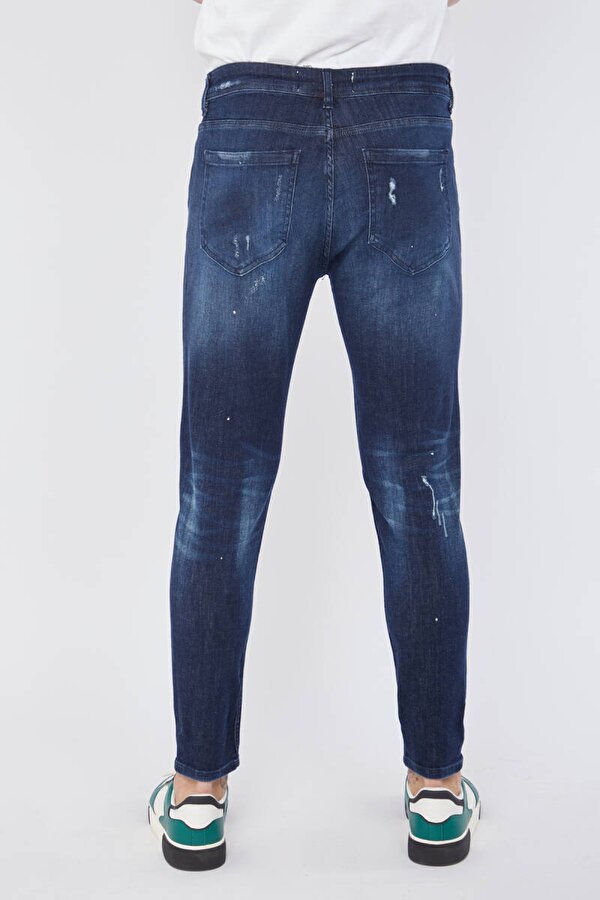 Blue White Erkek Skinny Fit Boya Detaylı Jean Koyu Mavi