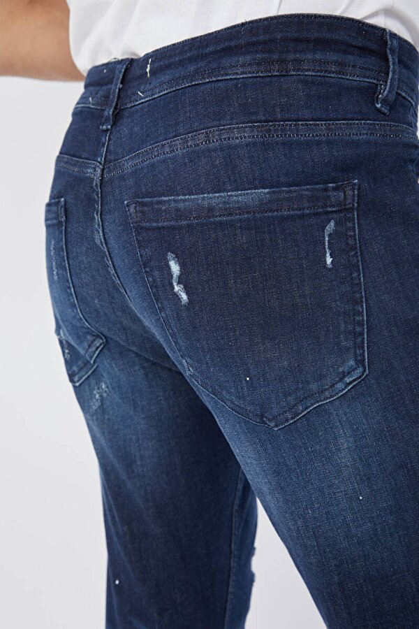 Blue White Erkek Skinny Fit Boya Detaylı Jean Koyu Mavi