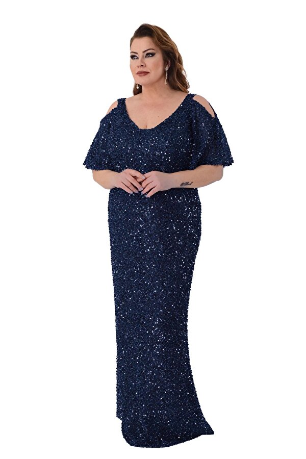 Lilas XXL Kadın Büyük Beden Full Pul Payet İşlemeli Yarım Kol Maxi Boy Abiye Elbise 2530 Lacivert