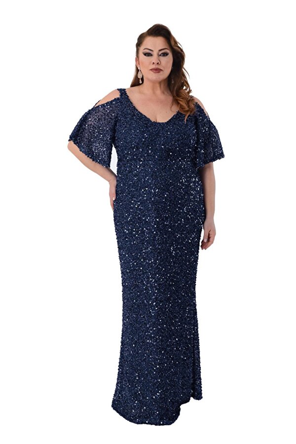 Lilas XXL Kadın Büyük Beden Full Pul Payet İşlemeli Yarım Kol Maxi Boy Abiye Elbise 2530 Lacivert