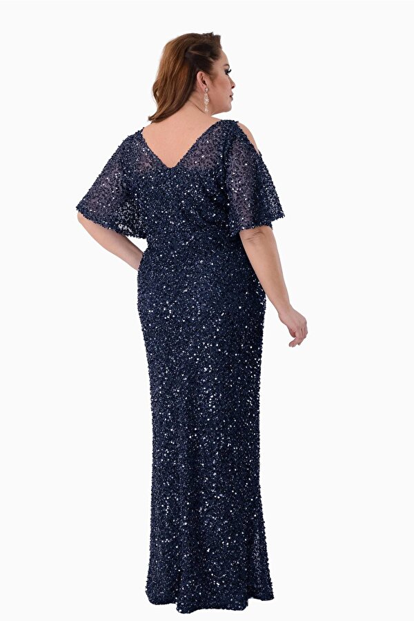 Lilas XXL Kadın Büyük Beden Full Pul Payet İşlemeli Yarım Kol Maxi Boy Abiye Elbise 2530 Lacivert