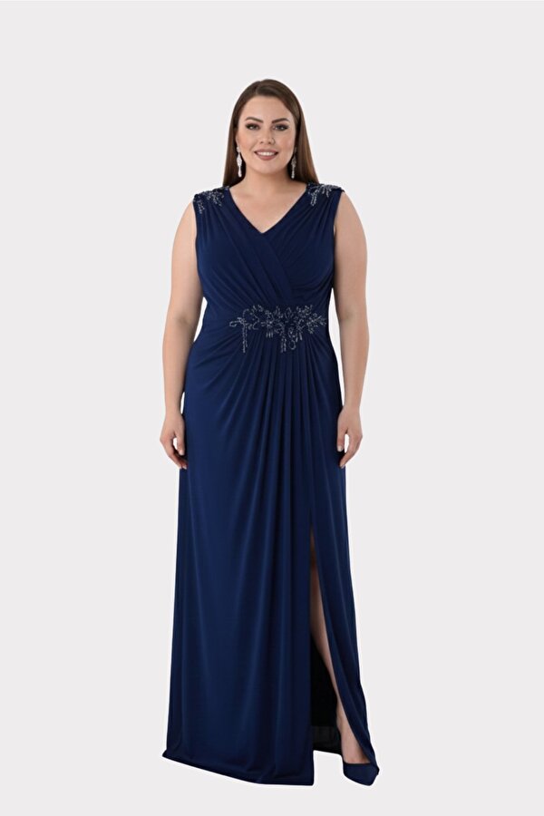 Lilas XXL Kadın Büyük Beden Omuz ve Bel Taş Detaylı Geniş Askılı Uzun Abiye Elbise 2510 Lacivert