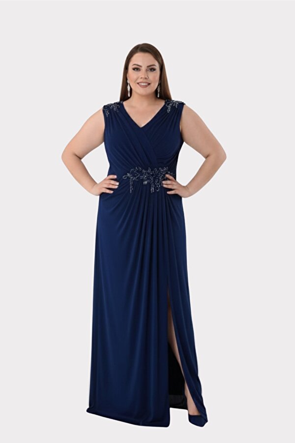 Lilas XXL Kadın Büyük Beden Omuz ve Bel Taş Detaylı Geniş Askılı Uzun Abiye Elbise 2510 Lacivert