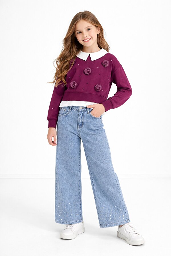 Cansın Mini Bordo İnci İşlemeli Badili ve Jean Pantolonlu Kız Çocuk Gömlekli Takım 23601