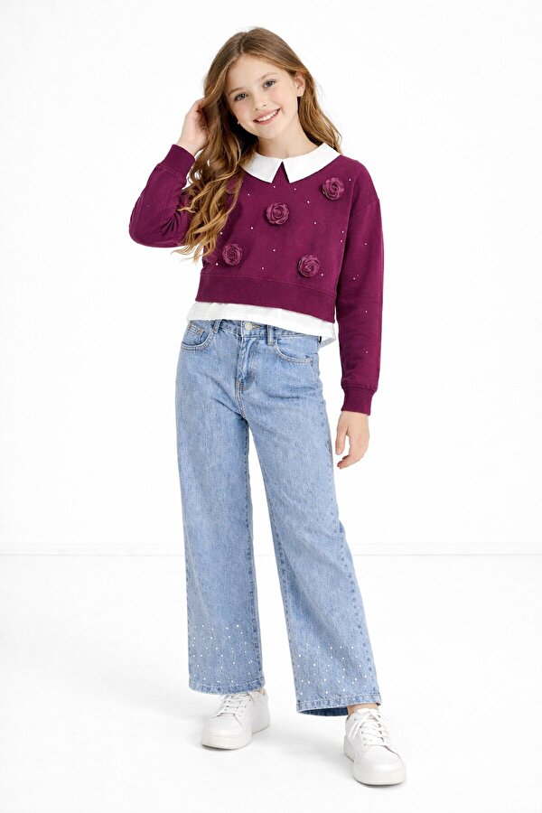 Cansın Mini Bordo İnci İşlemeli Badili ve Jean Pantolonlu Kız Çocuk Gömlekli Takım 23601