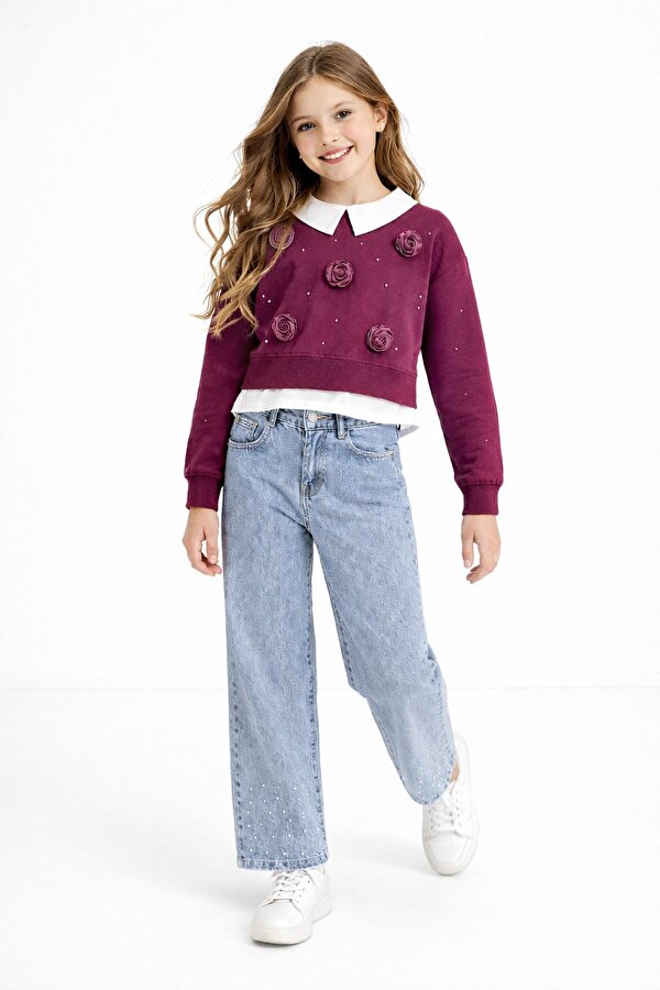 Cansın Mini Bordo İnci İşlemeli Badili ve Jean Pantolonlu Kız Çocuk Gömlekli Takım 23601