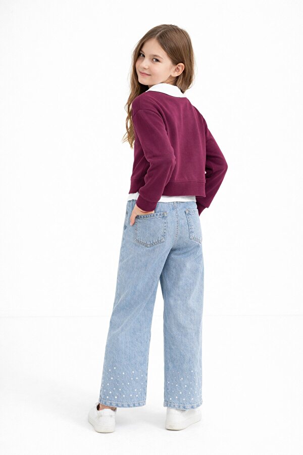 Cansın Mini Bordo İnci İşlemeli Badili ve Jean Pantolonlu Kız Çocuk Gömlekli Takım 23601