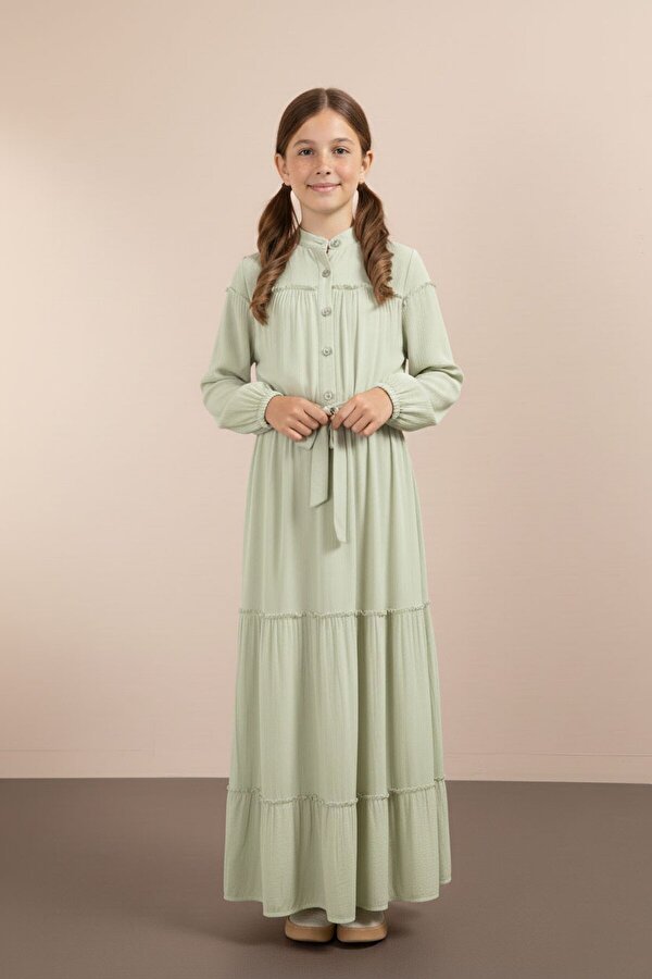 Cansın Mini Yeşil Kolları Büzgülü Kuşaklı Kız Çocuk Uzun Elbise  23400