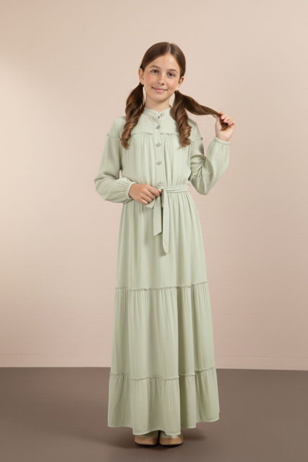 Cansın Mini Yeşil Kolları Büzgülü Kuşaklı Kız Çocuk Uzun Elbise  23400