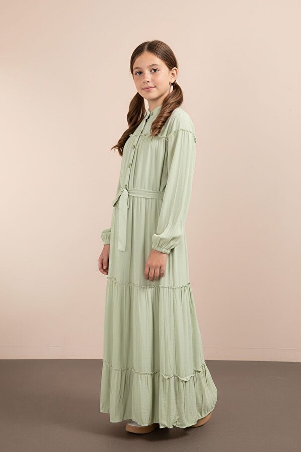 Cansın Mini Yeşil Kolları Büzgülü Kuşaklı Kız Çocuk Uzun Elbise  23400