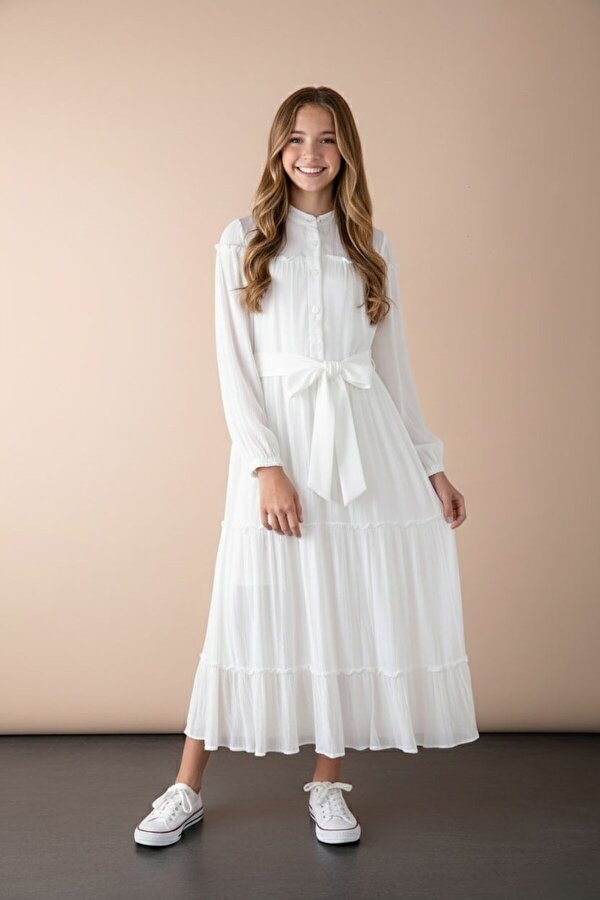 Cansın Mini Ekru Kolları Büzgülü Kuşaklı Kız Çocuk Uzun Elbise  23401
