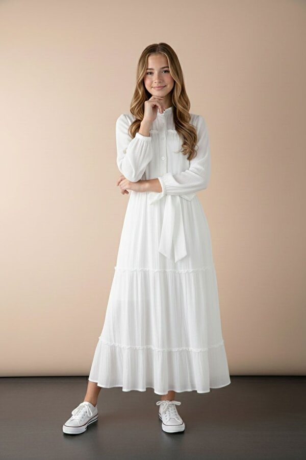 Cansın Mini Ekru Kolları Büzgülü Kuşaklı Kız Çocuk Uzun Elbise  23401