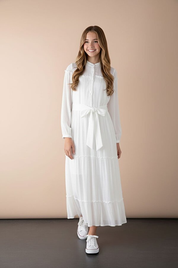 Cansın Mini Ekru Kolları Büzgülü Kuşaklı Kız Çocuk Uzun Elbise  23401