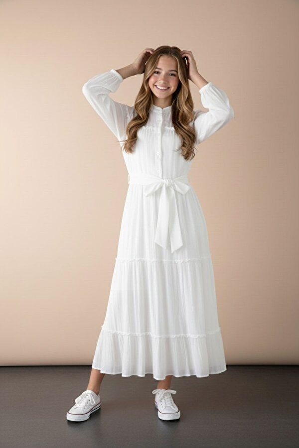 Cansın Mini Ekru Kolları Büzgülü Kuşaklı Kız Çocuk Uzun Elbise  23401