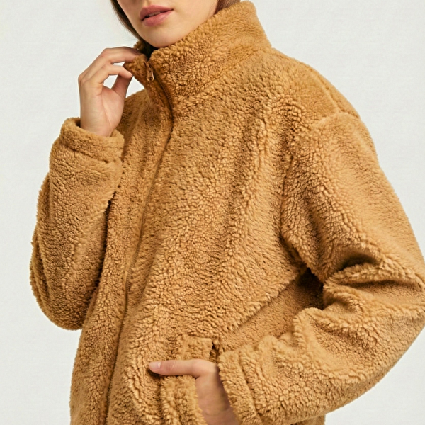 GENIUS STORE Kadın Peluş Tam Fermuarlı Cepli Sherpa Kuzu Kumaş Oversize Peluş Polar Sweatshirt