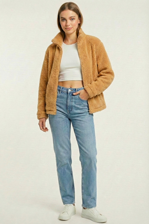 GENIUS STORE Kadın Peluş Tam Fermuarlı Cepli Sherpa Kuzu Kumaş Oversize Peluş Polar Sweatshirt