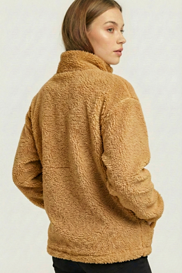 GENIUS STORE Kadın Peluş Tam Fermuarlı Cepli Sherpa Kuzu Kumaş Oversize Peluş Polar Sweatshirt