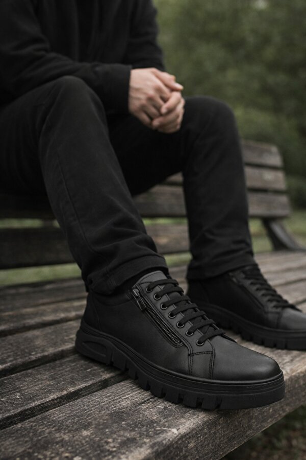 Ghattix Erkek Ayakkabı Günlük Hakiki Deri Fermuarlı Siyah