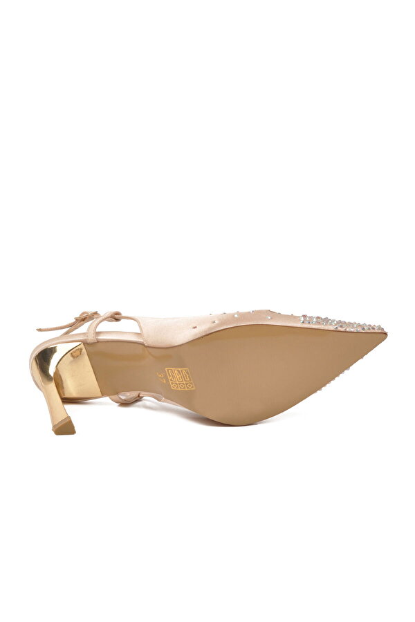 Ayakmod Bej Saten Taşlı İşlemeli İnce Uzun Topuklu Kadın Abiye Ayakkabı 298248 Z