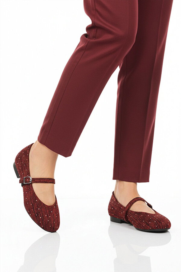 Ayakmod Bordo Hafif Esnek Taş İşlemeli Kadın Babet Ayakkabı 666158 Z