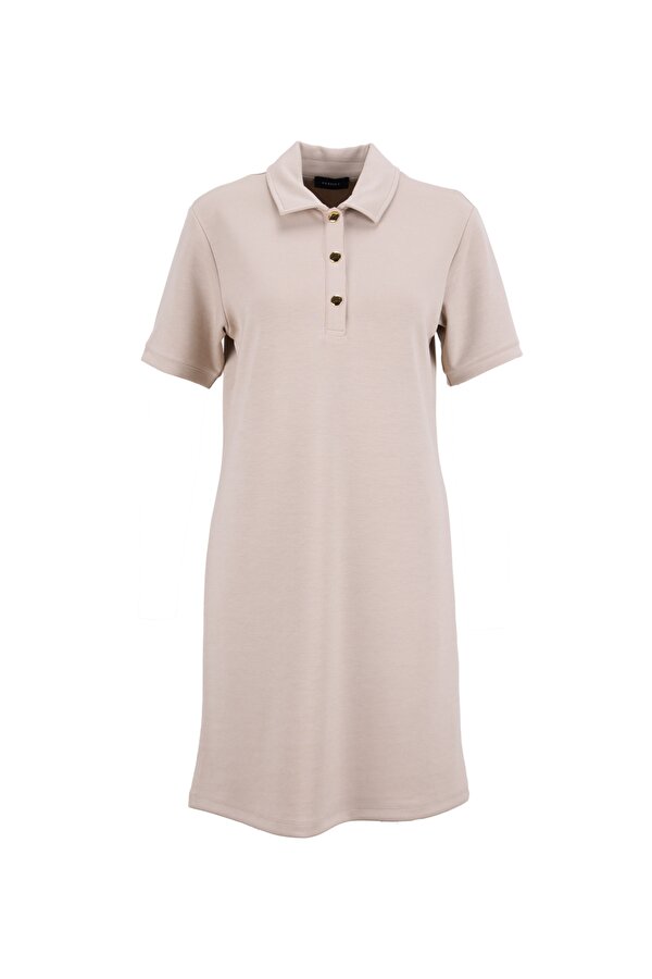 Fabrika Polo Yaka Düz Bej Mini Kadın Elbise F6SL-ELB0372