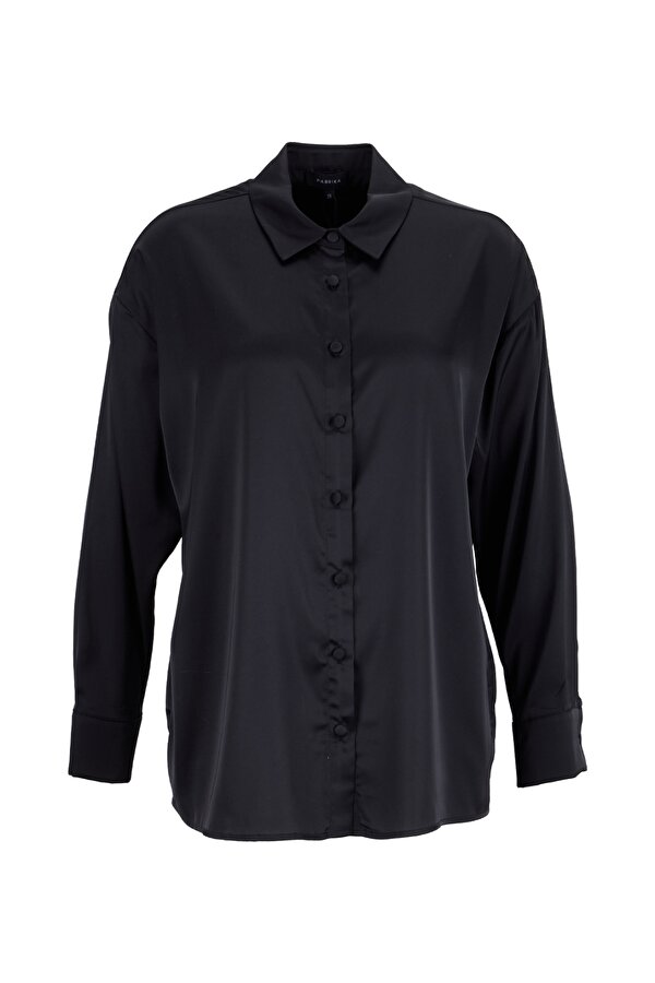 Fabrika Loose Fit Gömlek Yaka Düz Siyah Kadın Gömlek F6SL-GML0194