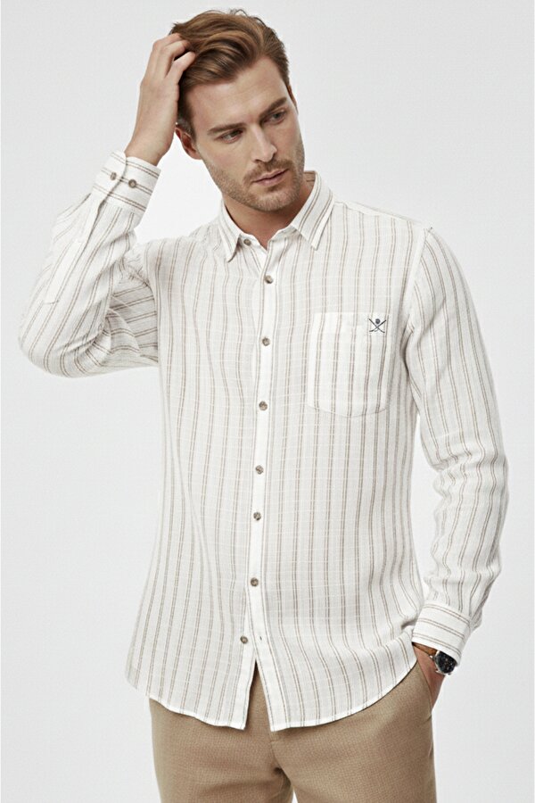 Deep Sea DeepSEA Kahve Rahat Kalıp Çizgili Erkek Gömlek – Cepli Ahşap Düğmeli Doğal Dokulu Yeni Sezon 2602623