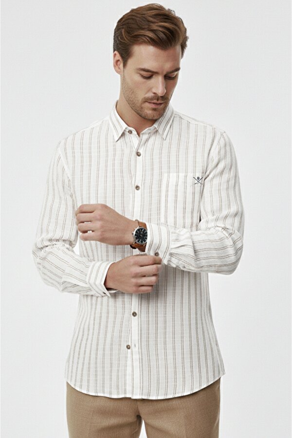 Deep Sea DeepSEA Kahve Rahat Kalıp Çizgili Erkek Gömlek – Cepli Ahşap Düğmeli Doğal Dokulu Yeni Sezon 2602623