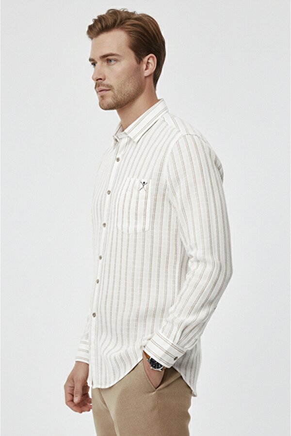 Deep Sea DeepSEA Kahve Rahat Kalıp Çizgili Erkek Gömlek – Cepli Ahşap Düğmeli Doğal Dokulu Yeni Sezon 2602623