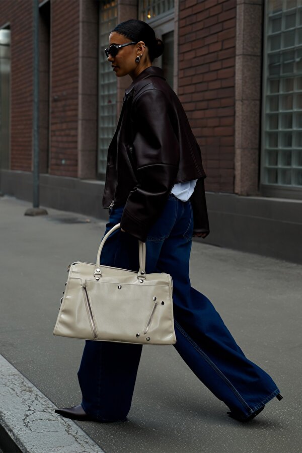 BAHELS Kadın Zımba Bej Deri Büyük Boy Omuz Çantası