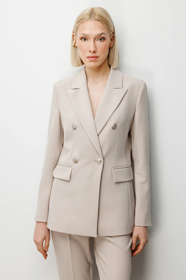 Ekol Kadın Kruvaze Yaka Kapak Cepli Ceket 1006 Kum