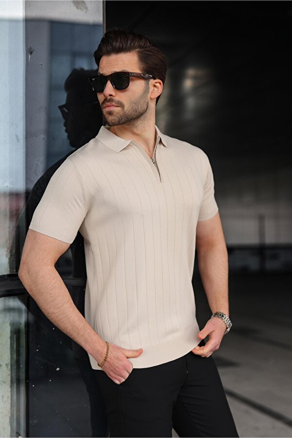 Madmext Taş Rengi Polo Yaka Fermuarlı Erkek T-shirt E7298