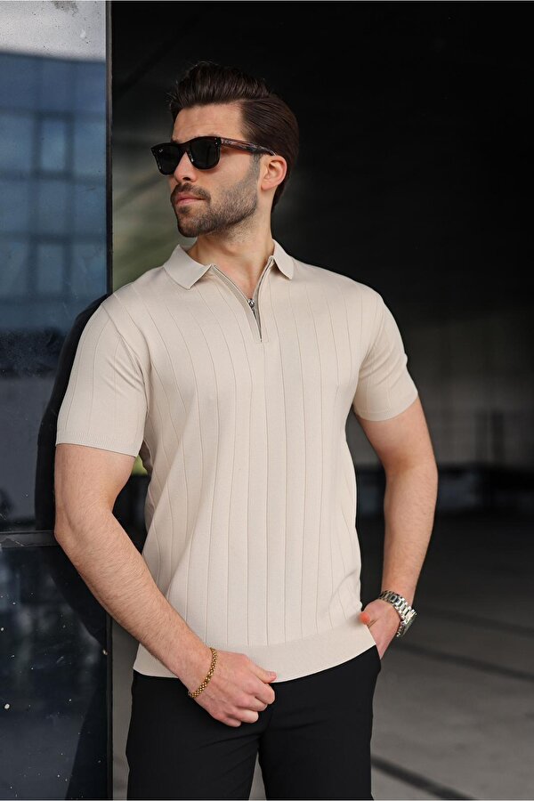 Madmext Taş Rengi Polo Yaka Fermuarlı Erkek T-shirt E7298