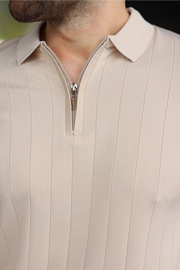 Madmext Taş Rengi Polo Yaka Fermuarlı Erkek T-shirt E7298