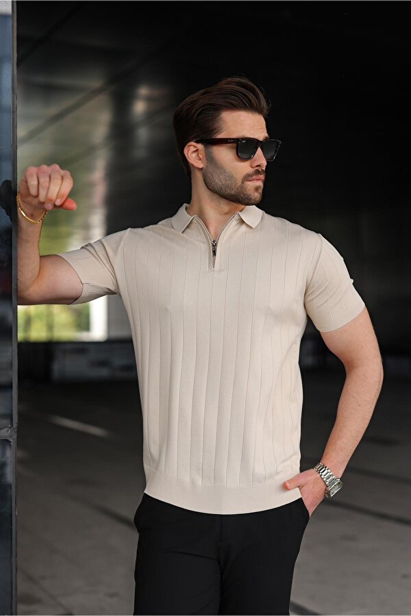 Madmext Taş Rengi Polo Yaka Fermuarlı Erkek T-shirt E7298