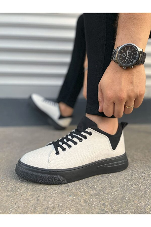 Beyaz Siyah (Siyah Taban) Keten Bağcıklı Erkek Sneaker