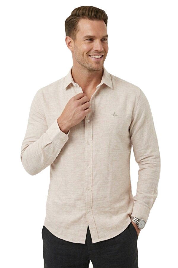DeepSEA Bej Slim Fit Çizgili %100 Pamuk Erkek Gömlek – Nefes Alan Şık Günlük Gömlek 2602626