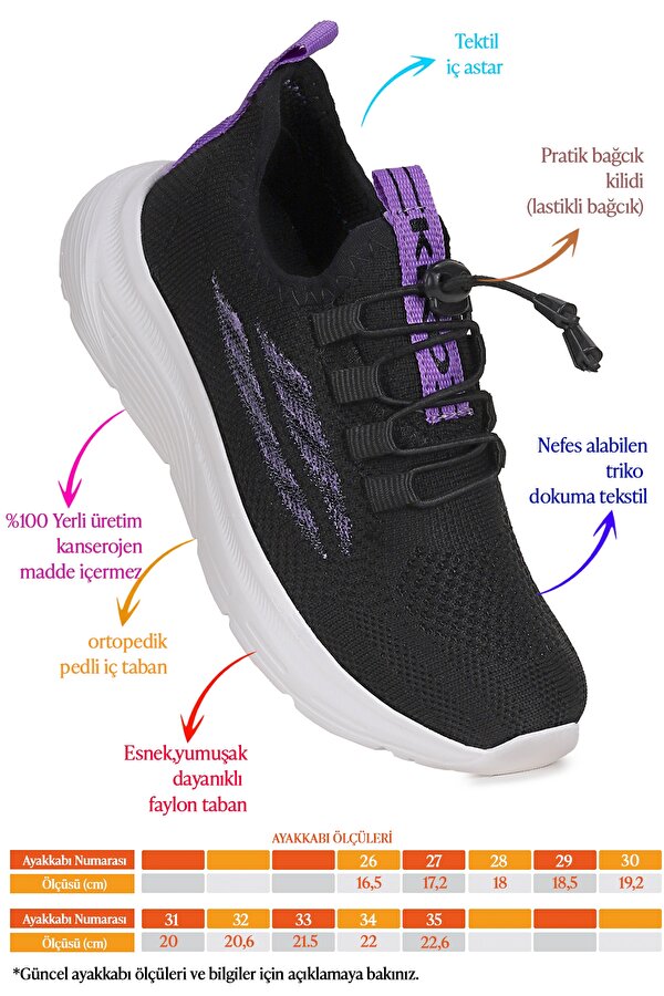 ※kiki！　FY-4582　Lサイズ　②＆③　FY4573　L Dunca Fileli Faylon Taban Kız Çocuk Spor Ayakkabı Siyah - Lila