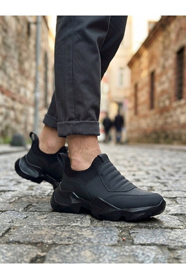 Siyah (Siyah Taban) Bağcıksız Yüksek Taban Erkek Sneaker Bot