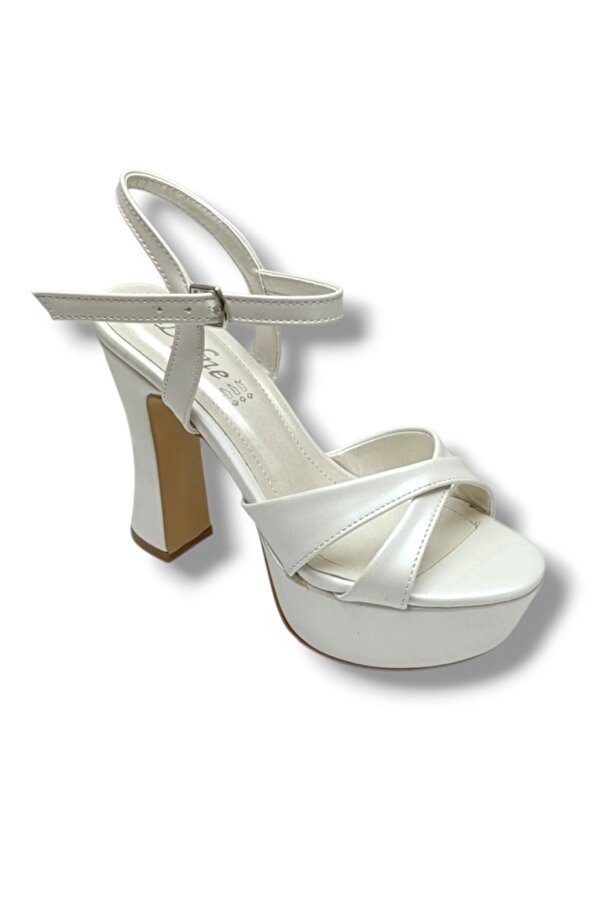 787-26 Sedef Beyazı Çapraz Aynalı 30mm Platform Topuk Kadın Sandalet(12cm)