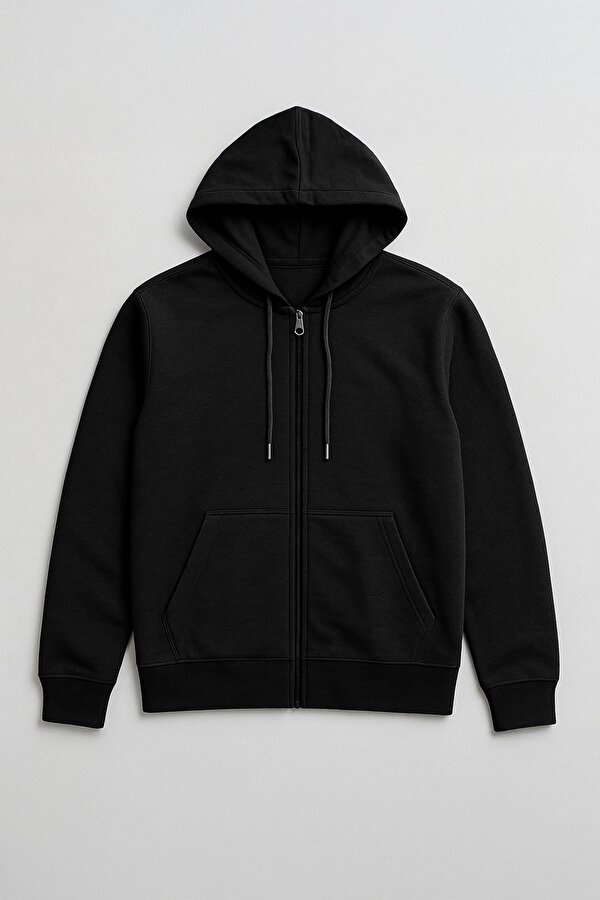 Erkek Fermuarlı Kapüşonlu Cepli Siyah Sweatshirt