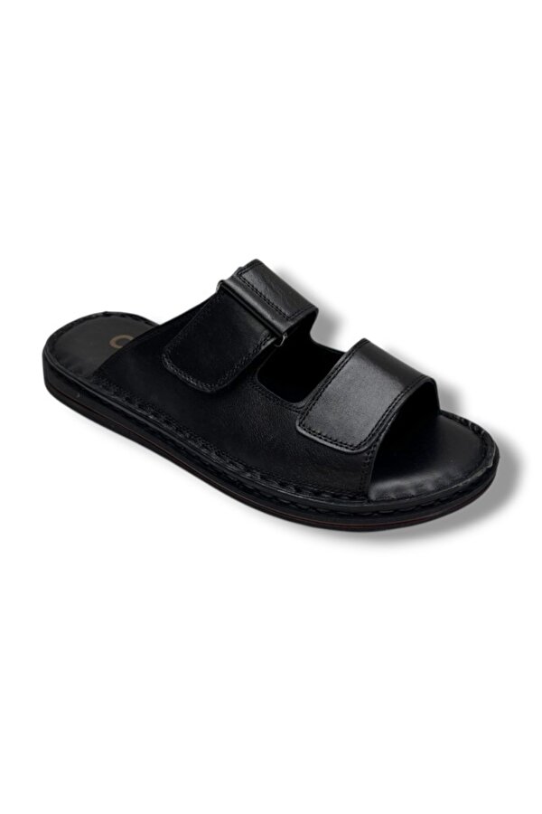 182-26 Hakiki Deri Ultra Soft Çift Bant Cırtlı Anatomik Erkek Terlik 40-47