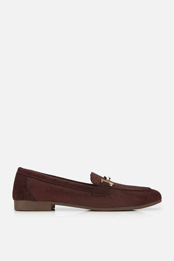 Kadın Kahverengi Süet Gold Tokalı Loafer