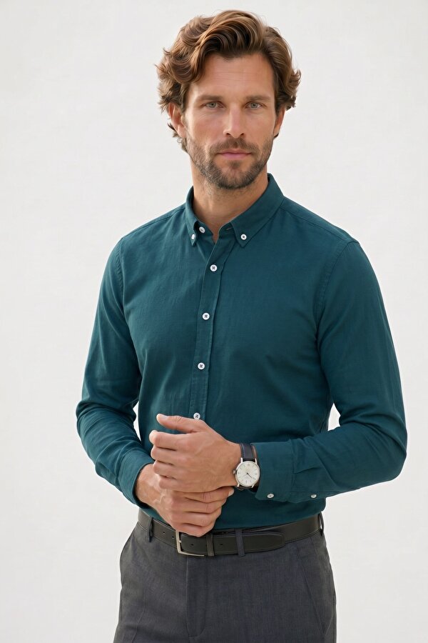 Erkek Slim Fit Dar Kesim %100 Pamuk Düğmeli Yaka Flam Keten Yeşil Gömlek