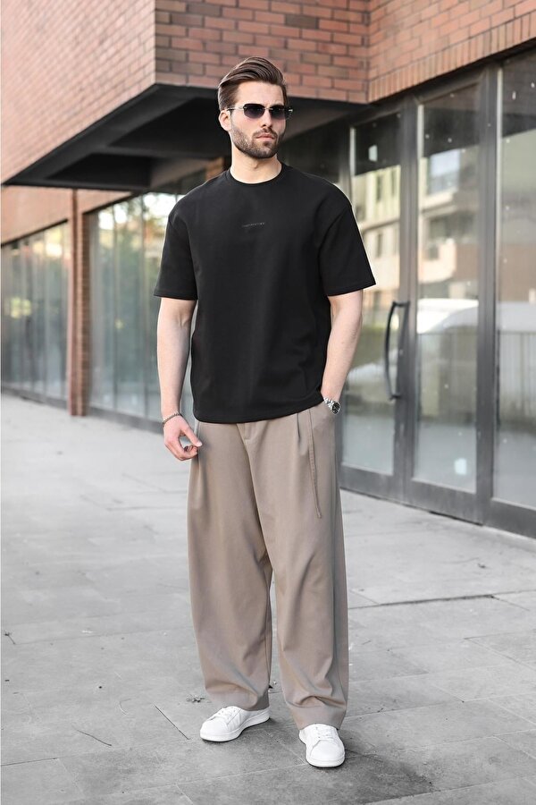 Siyah Bisiklet Yaka Oversize Erkek Tişört E7176